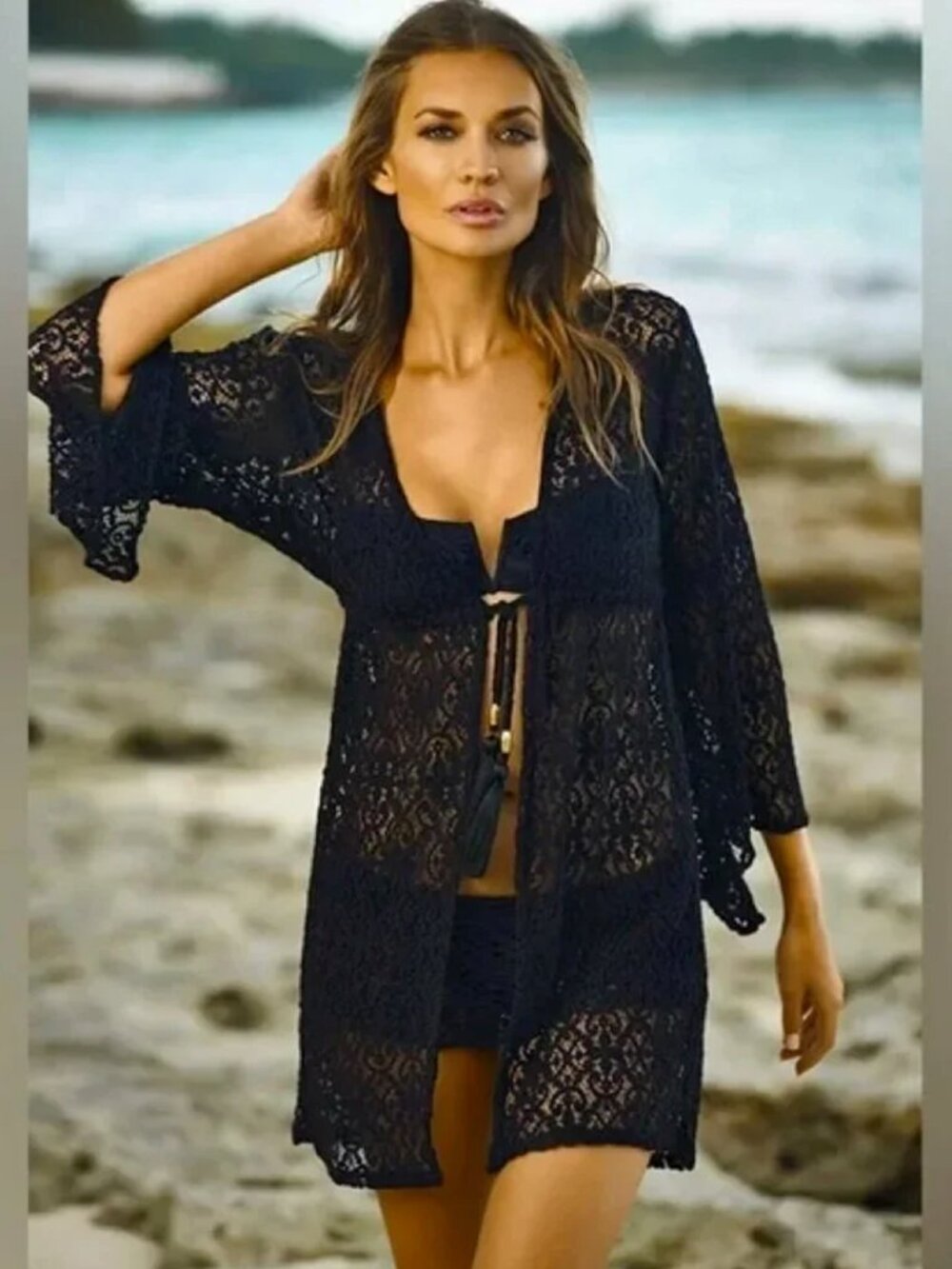 Pilyq Black Floral Lace Open Front Tassel Tie Swim Cover-up M/L